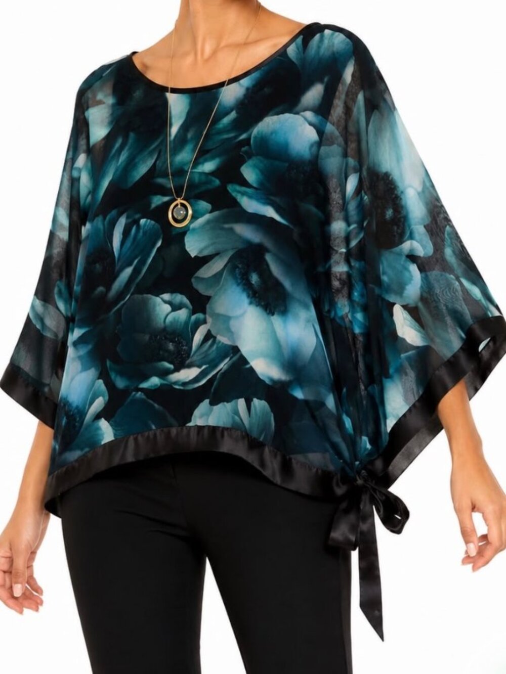 Frank Lyman Sheer Teal Dolman Kaftan Sleeve Top Satin Ribbon Side Tie Medium